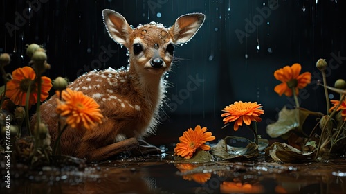  a baby deer is sitting in the rain surrounded by flowers and dandelions, with rain falling down on it.  generative ai