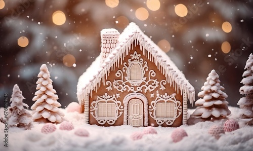 Gingerbread house with christmas tree, Edible art Gingerbread house with intricate sugary details. Xmas holiday baking, sweet Christmas tradition