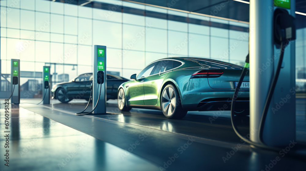 Obraz premium Electrical vehicle parked at the charging station. 