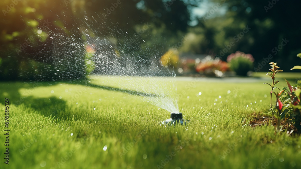 Automatic sprinkler system watering the lawn.Generative AI Automatic sprinkler system watering the lawn.Generative AI