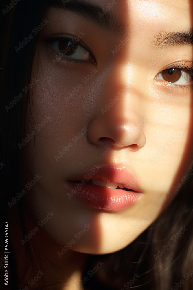 Extreme close up of asian woman with striking eyes and pouty lips.Face of beautiful caucasian woman. interplay of light and shadow. Dramatic composition. High quality photo Extreme close up of asian woman with striking eyes and pouty lips.Face of beautiful caucasian woman. interplay of light and shadow. Dramatic composition. High quality photo