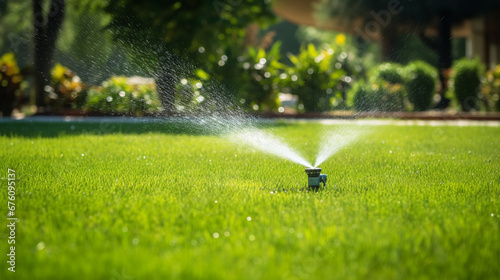 Automatic sprinkler system watering the lawn.Generative AI photo