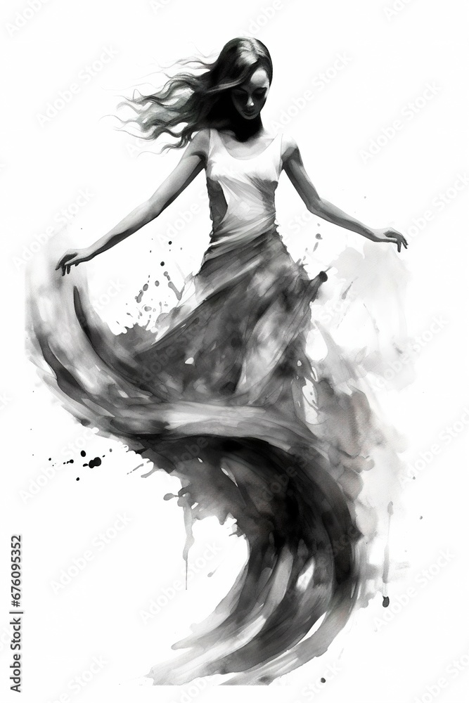 Fototapeta premium Generative AI, Beautiful dancing woman drawn by black ink or watercolor. Hand paint black and white fashion sketch. 