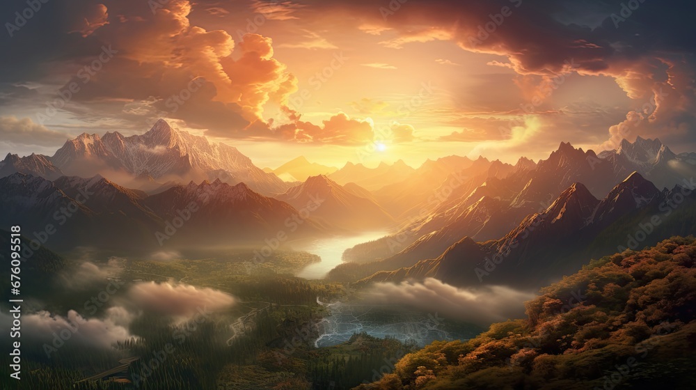  a painting of a sunset over a mountain range with a river in the foreground and clouds in the background.  generative ai