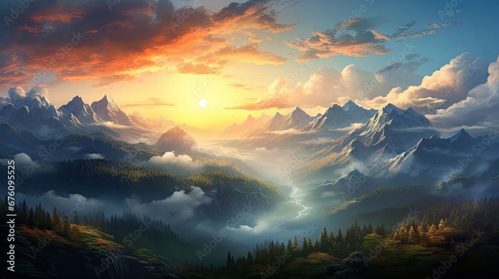  a painting of a sunset over a mountain range with a river running through the middle of the valley and trees in the foreground.  generative ai