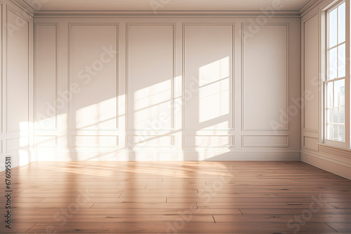 Empty wall and wooden floor with interesting with glare from the window. Interior background for the presentation