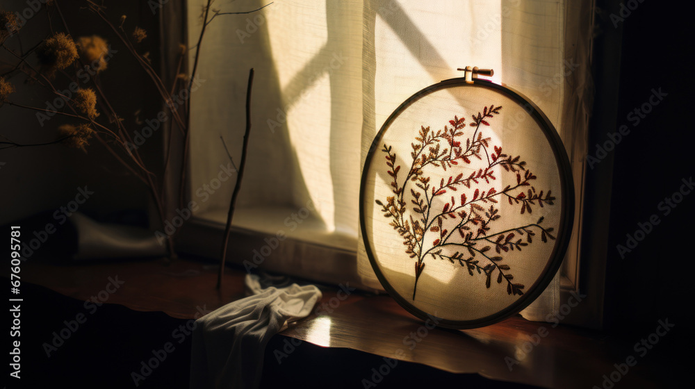 Lifestyle shot of beautiful embroider tree shape in a hoop on a wooden table. Play of light and shadow