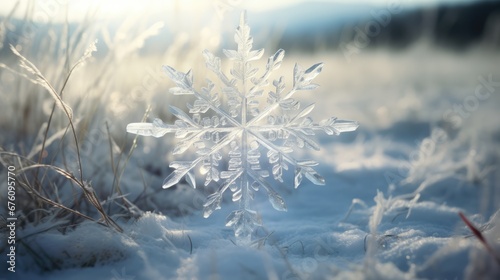  a snowflake sitting in the middle of a field covered in snow next to a field of tall grass. generative ai