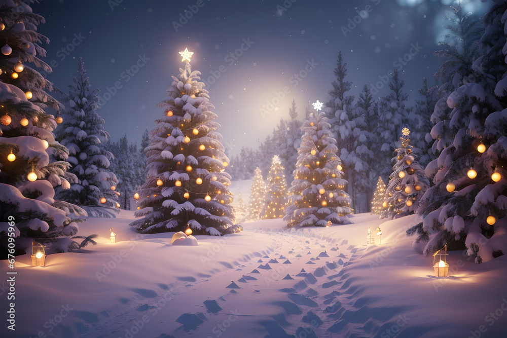 Magical winter forest with a decorated Christmas tree and shining garlands around. Winter abstract landscape. Christmas winter holiday composition. Generative AI. Magical winter forest with a decorated Christmas tree and shining garlands around. Winter abstract landscape. Christmas winter holiday composition. Generative AI.