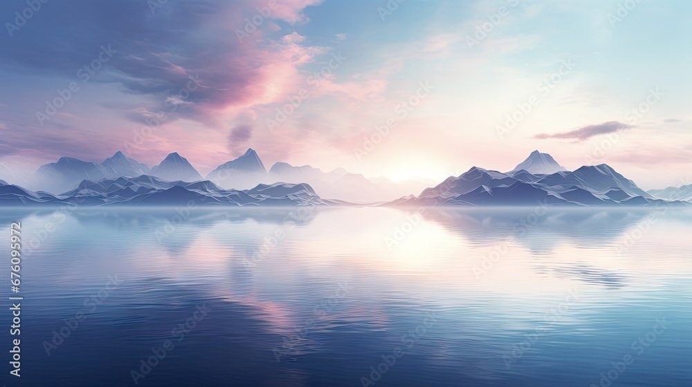  a large body of water with mountains in the background and a sunset in the middle of the water with clouds in the sky.  generative ai
