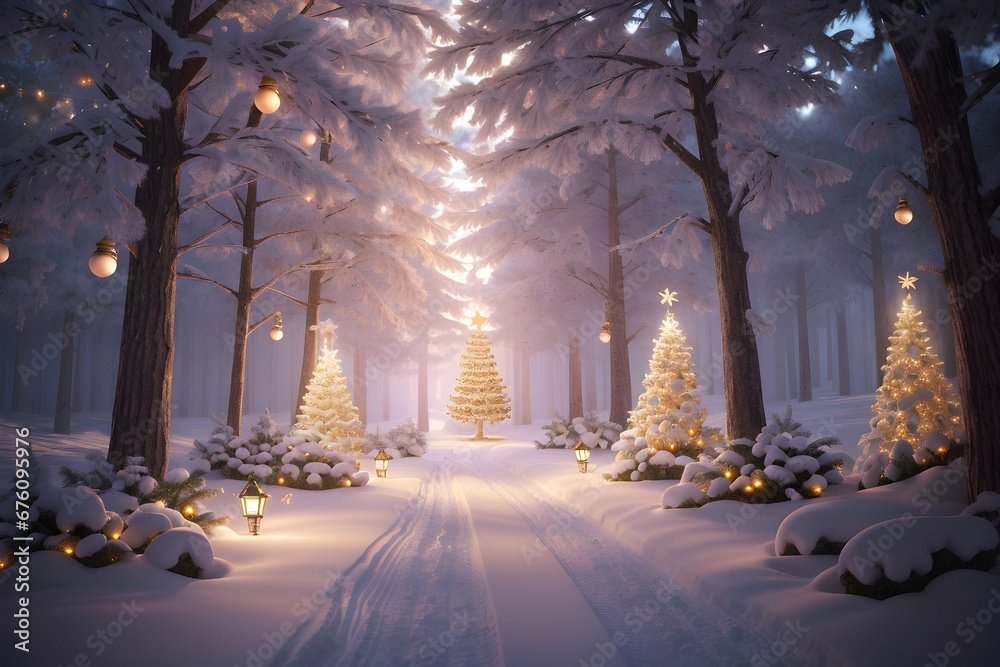 Magical winter forest with a decorated Christmas tree and shining garlands around. Winter abstract landscape. Christmas winter holiday composition. Generative AI.