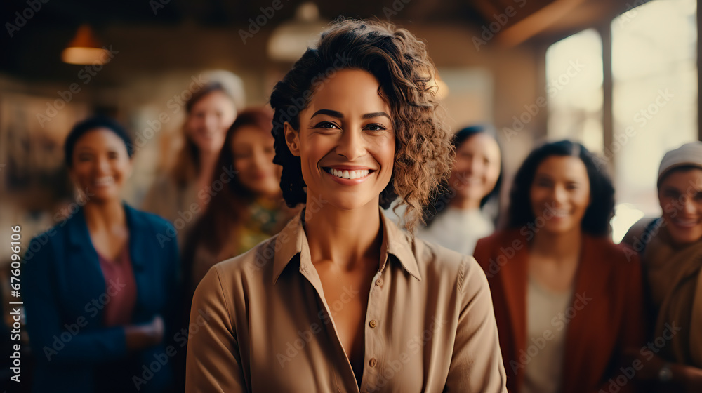 Obraz premium Portrait of one confident young business woman standing in the office with her colleagues in the background. Ambitious entrepreneur and determined leader, ready to succeed in a creative startup agency
