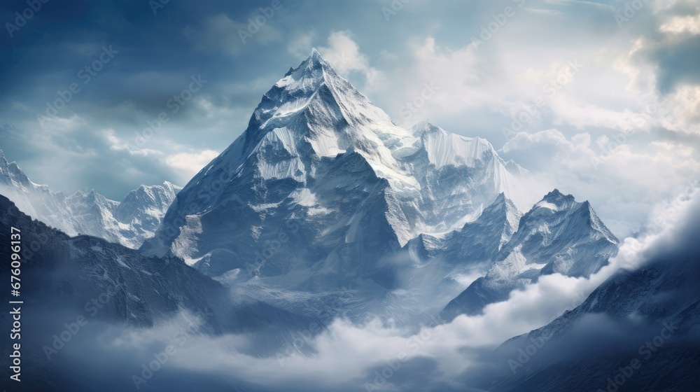  a very tall mountain in the middle of a cloudy sky with a lot of clouds in the foreground and the top of the mountain in the foreground.  generative ai