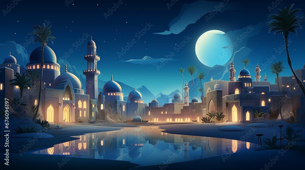 Obraz na płótnie Ancient arab city with market and palace in desert at night. Flat cartoon illustration of sand area with traditional yellow houses, antique castle, islamic mosque buildings, palms. Eid al adha concept w salonie