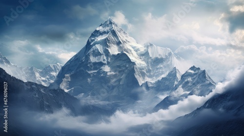  a very tall mountain in the middle of a cloudy sky with a lot of clouds in the foreground and the top of the mountain in the foreground. generative ai
