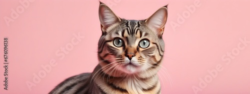 Pixiebob cat on a pastel background. Cat a solid uniform background, for your advertising and design with copy space. Creative animal concept. Looking towards camera. © 360VP