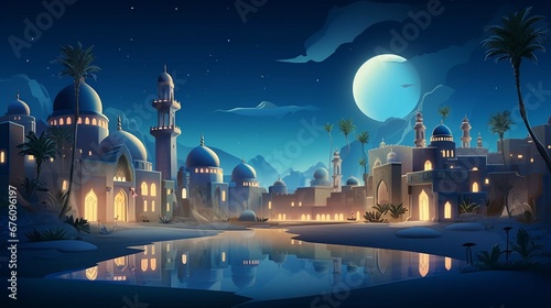 Ancient arab city with market and palace in desert at night. Flat cartoon illustration of sand area with traditional yellow houses, antique castle, islamic mosque buildings, palms. Eid al adha concept