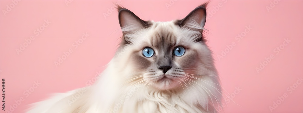 Ragdoll cat on a pastel background. Cat a solid uniform background, for your advertising and design with copy space. Creative animal concept. Looking towards camera.
