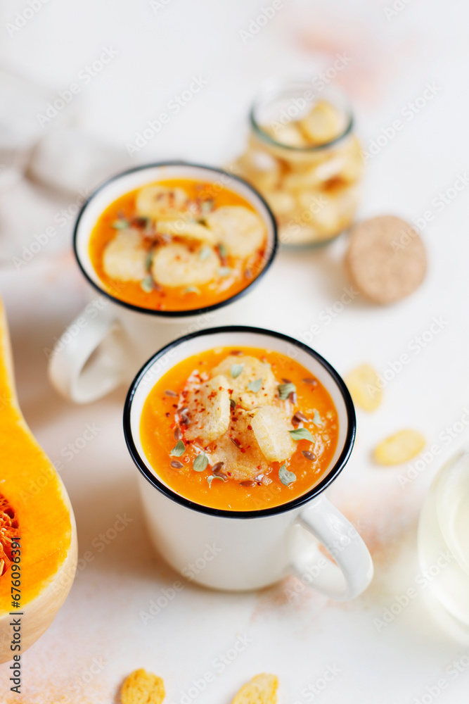 Roasted butternut squash soup with cream and pumpkin seeds on two white mugs. Roasted butternut squash soup with cream and pumpkin seeds on two white mugs.