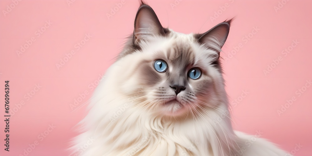 Ragdoll cat on a pastel background. Cat a solid uniform background, for your advertising and design with copy space. Creative animal concept. Looking towards camera. Ragdoll cat on a pastel background. Cat a solid uniform background, for your advertising and design with copy space. Creative animal concept. Looking towards camera.