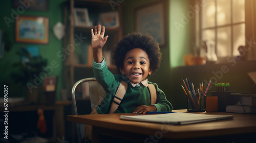 A boy raises his hand in an elementary school classroom.Generative AI