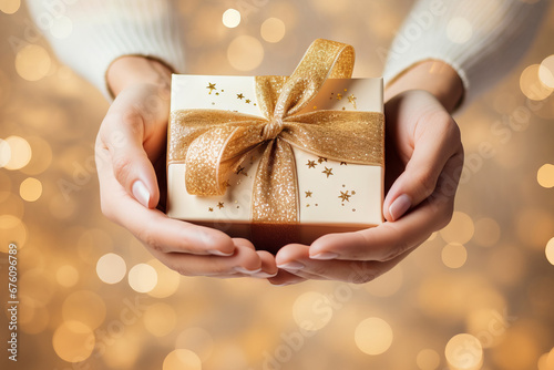 Woman hands holding present gift box decorated golden ribbon on light background with gold bokeh. Top view © vejaa