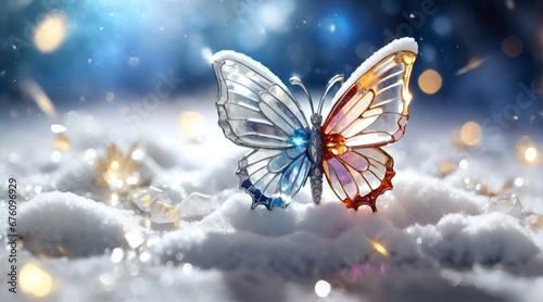 crystal butterfly on snow, bokeh background and sunlight © Mariana