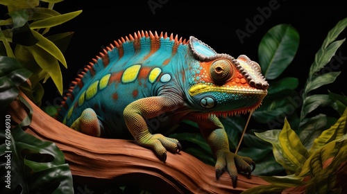  a colorful chamelon sitting on top of a tree branch in front of a dark background with green leaves.  generative ai