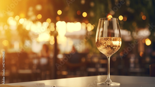 a table in a restaurant with a glass of white wine  soft golden light.Generative AI