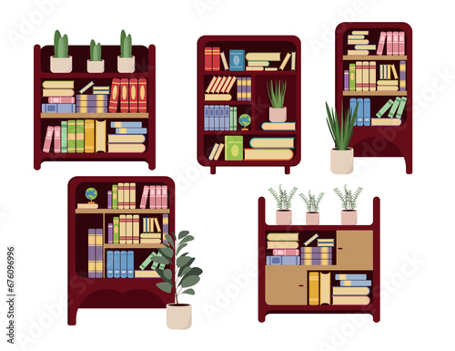 Set of bookcases in a cartoon style. Vector illustration of bookcases with shelves of colored books of different sizes, globes, vases isolated on white background. Vintage bookcases. Interior element.