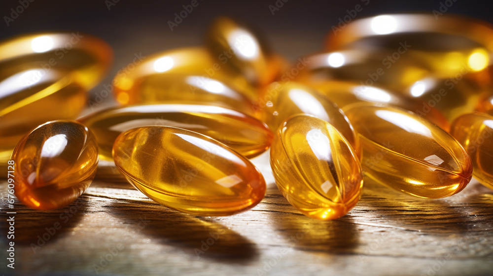 Gelatin capsule of omega 3, 6, 9 fish oil, vitamins. Generative AI Gelatin capsule of omega 3, 6, 9 fish oil, vitamins. Generative AI
