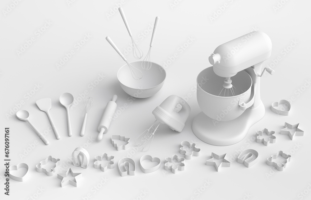 Mixer and bowl with kitchen utensil for preparation of dough on white background Mixer and bowl with kitchen utensil for preparation of dough on white background