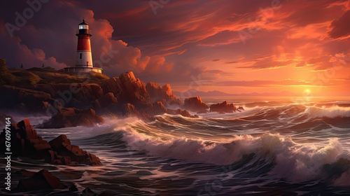  a painting of a lighthouse in the middle of a large body of water with waves in front of it and a sunset in the background. generative ai
