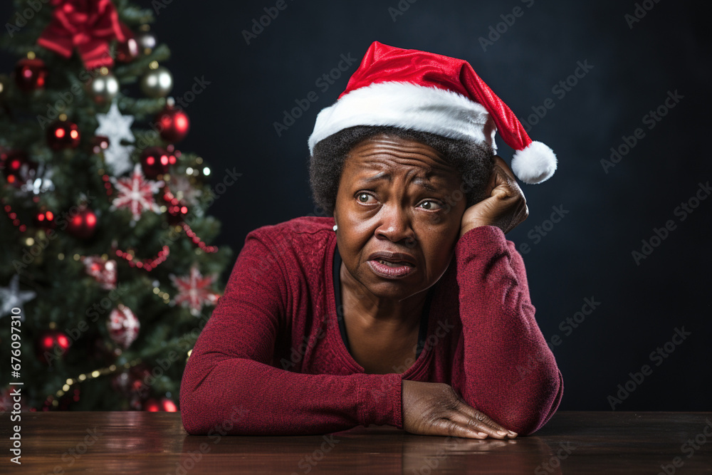 African elderly woman in a red cap and burgundy jumper is very upset at Christmas on a dark background. Christmas mood concept. African elderly woman in a red cap and burgundy jumper is very upset at Christmas on a dark background. Christmas mood concept.