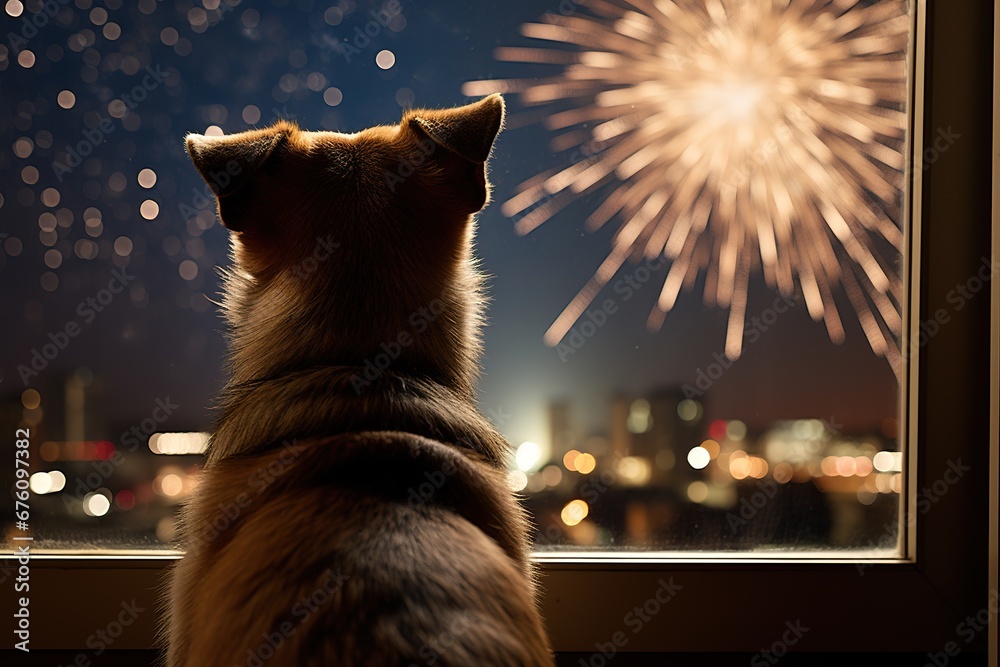 Hund schaut das Feuerwerk zu Silvester an. Neugieriger Hund von Hinten darf Raketen vom Fenster aus beobachten. - obrazy, fototapety, plakaty 