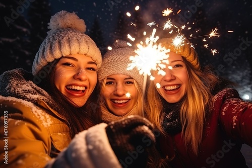 Drei Freundinnen mit Wunderkerzen draußen zu Silvester oder auf dem Weihnachtsmarkt. Brennende Wunderkerze und Fröhliche Gesichter der Frauen.