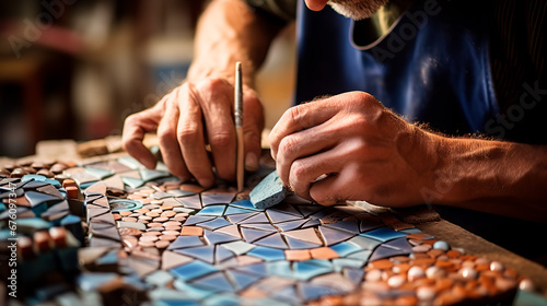 an experienced craftsman handcrafting vibrant mosaic tiles photo