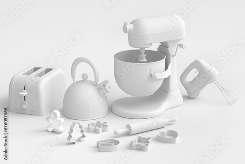Mixer and bowl with kitchen utensil for preparation of dough on white background