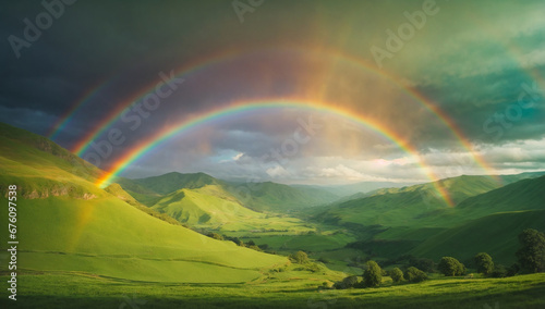 Breathtaking and surreal rainbow over a lush green valley - AI Generative