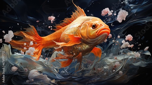  a painting of a goldfish swimming in a body of water with bubbles of water on the bottom of it. generative ai