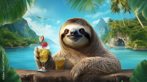 Funny sloth with a cocktail on the background of the sea. Generative AI photo
