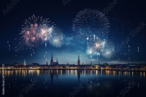 Feuerwerk zu Silvester über der Stadt am Horizont. Raketen und Böller zum Jahreswechsel und zur Neujahr Party. Hintergrund mit Platz für Text. photo