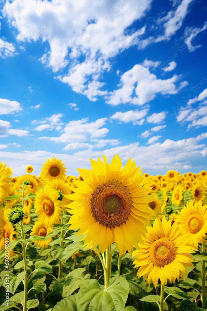 A beautiful field of blooming sunflowers against the background of sunny weather.Generative AI A beautiful field of blooming sunflowers against the background of sunny weather.Generative AI