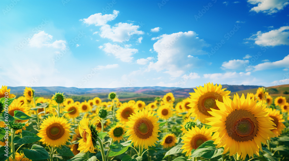 A beautiful field of blooming sunflowers against the background of sunny weather.Generative AI