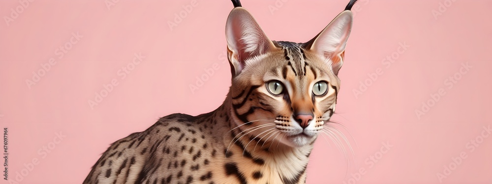 Savannah cat on a pastel background. Cat a solid uniform background, for your advertising and design with copy space. Creative animal concept. Looking towards camera.