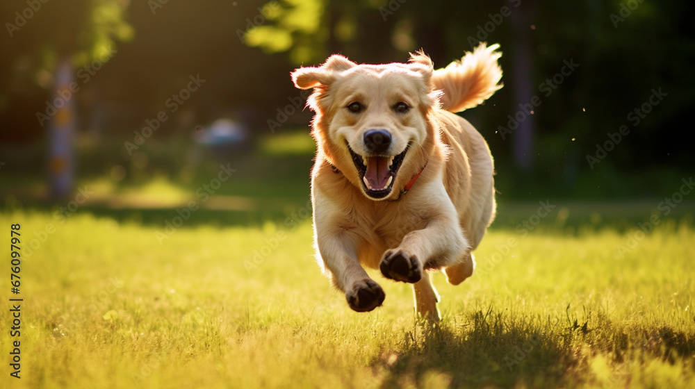 A playful happy dog is playing, running and carrying a ball.Generative AI - obrazy, fototapety, plakaty 