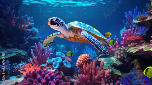 Sea turtle, beautiful coral reef on background.  © notannft