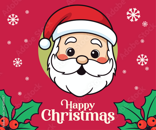 Festive winter holiday with charming Vector Santa Claus head, Santa face with hat and fluffy white beard Christmas cartoon character