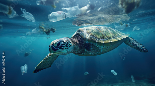 Sad turtle surrounded by plastic garbage. Ecological crisis concept. 
