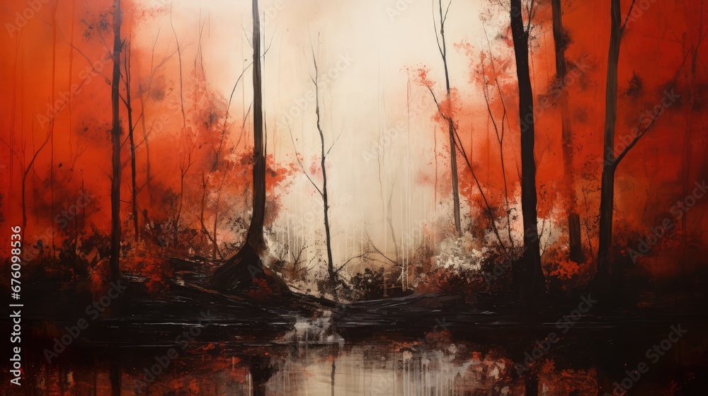  a painting of a red forest with a lake in the foreground and trees on either side of the water.  generative ai